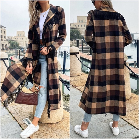 Cozy Brown Tan Plaid Tassel Open Front Long Jacket Shacket - Picture 3 of 4